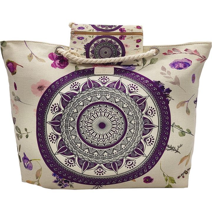 Geanta plaja dama cu imprimeu Dreamcatcher & portofel mic, 55x17x38 cm, violet