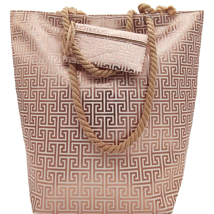 Geanta plaja dama design cu meandre argintie & portofel mic - 2, 52x22x45 cm, auriu