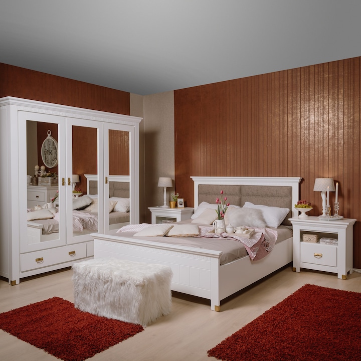 Set Dormitor Pat Saint Tropez Alb, Cu Dimensiunea Saltelei 160 X 200 Cm, Cu Dulap, 2 Noptiere