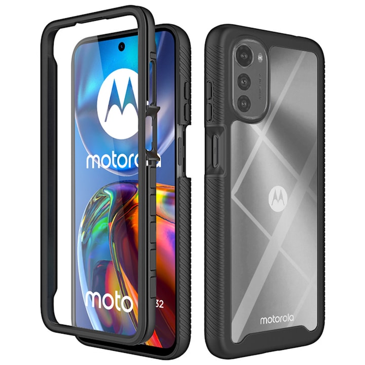 Калъф COMANDO 360Fence, съвместим с Motorola Moto E32/Moto E32s, включен филм, пълна защита (отпред, отзад, отстрани), идеален хибриден захват, черен
