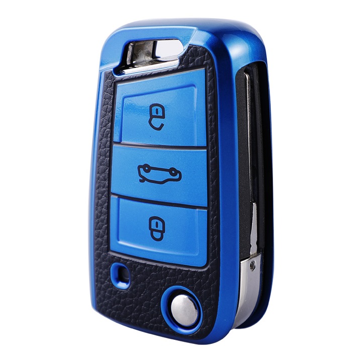 Husa albastru cu insertii piele pentru cheie VW Volkswagen VW Polo Golf 7 MK7 Tiguan Skoda Octavia Kodiaq Karoq Seat Ateca Leon