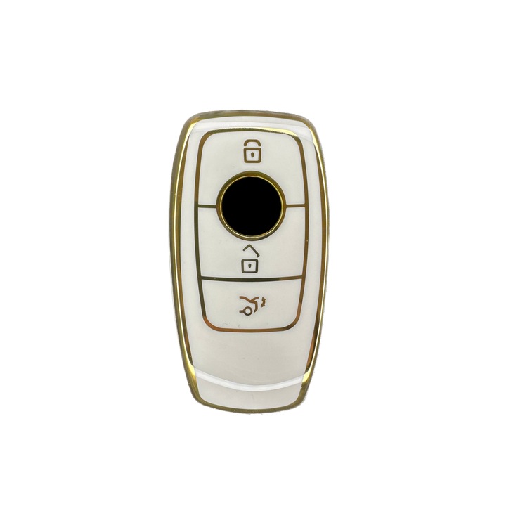 Prémium védőtok Mercedes-Benz kulcshoz, kiváló minőségű TPU anyag, kompatibilis A-Class, C-Class, E-Class, S-Class, GLS, GLA, GLK, GLB, GLE, AMG, EQS, EQC, 2017 + , Fehér/Arany, LUVLU™
