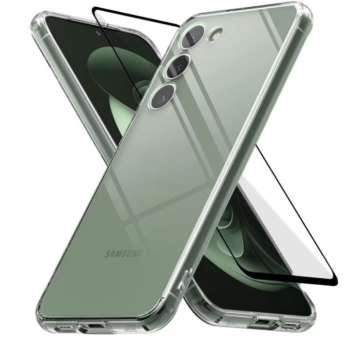 Set pentru Samsung A55 5G Full Protection Transparenta si folie sticla protectie ecran, Protectie integrala, Transparenta