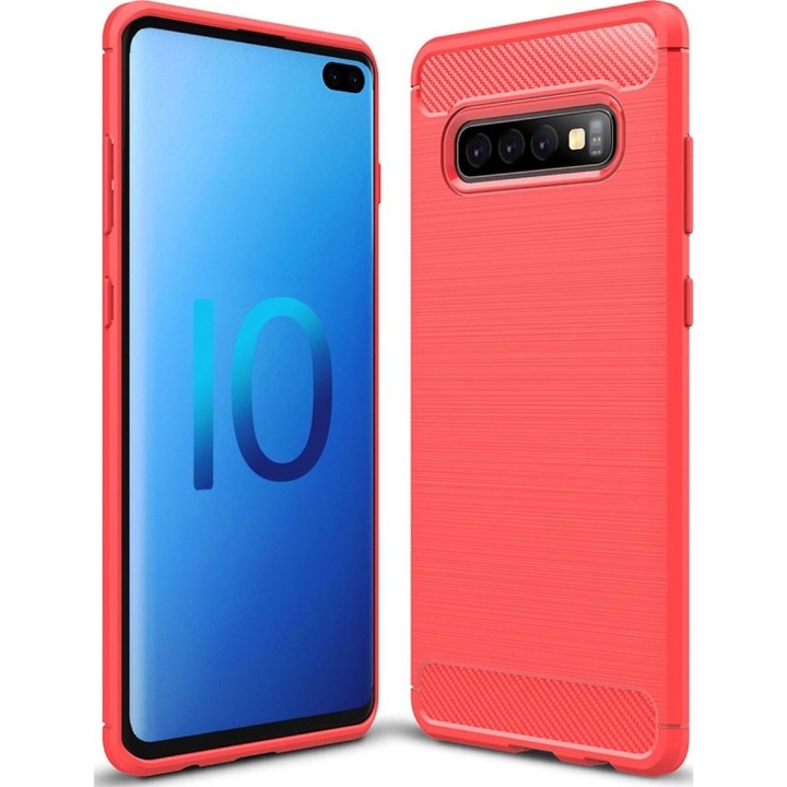 Husa de protectie hibrida cu spate din carbon si silicon moale pentru Samsung Galaxy S10, culoare rosie
