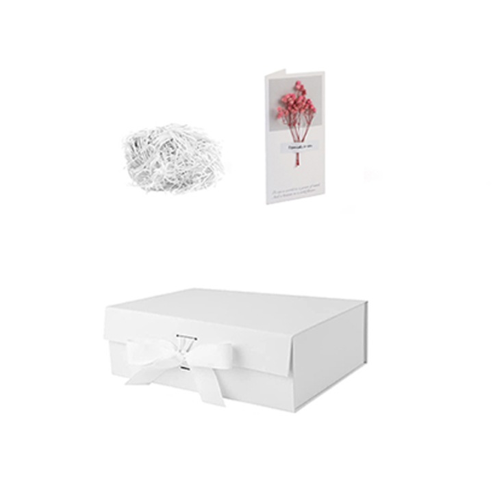 Изискана подаръчна кутия, Nierbo®, 34,5x28x11,5 см, картичка със сухи цветя + рафия, Бяла