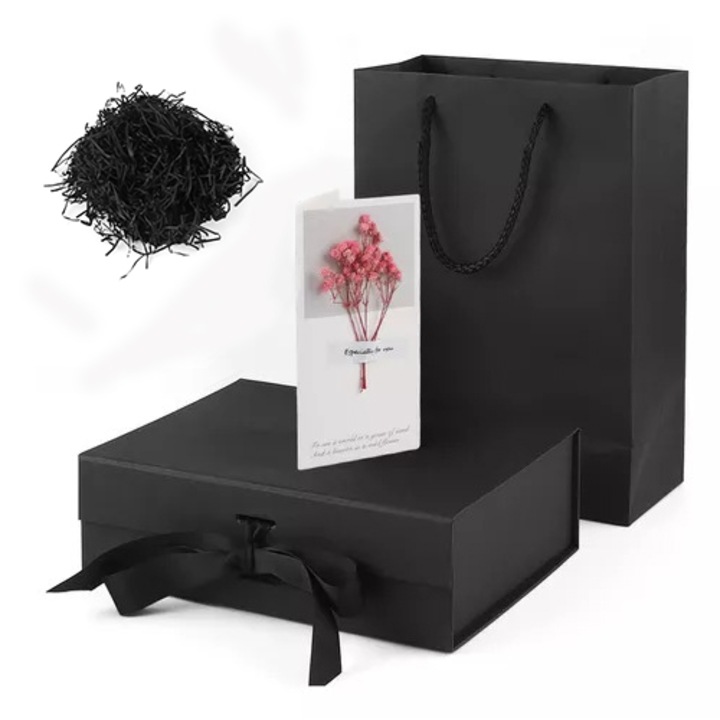 Изискан комплект подаръчна кутия 34.5x28x11.5 cm, Nierbo®, пазарска чанта 43x 32 x 14.5 cm, настъргана хартия рафия 20g и картичка, Черен