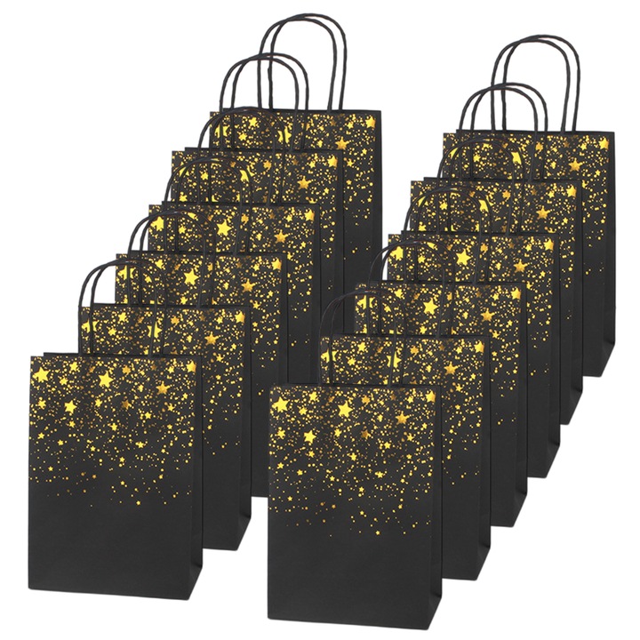 Комплект от 12 хартиени подаръчни торбички, GOGOU®, звезден модел, черно и златrijf