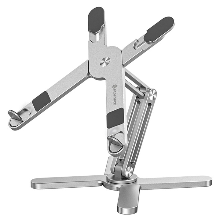 Suport laptop PadForce®, 8-16" inch, Rotire 360°, Structura Flexibila Ajustabila pe Inaltime, Pana la 10 kg, Pliabil si Portabil, Husa textila inclusa, Anti-Alunecare, Compatibil MacBook, Tableta iPad, Carte, Universal din Aluminiu Solid, Argintiu