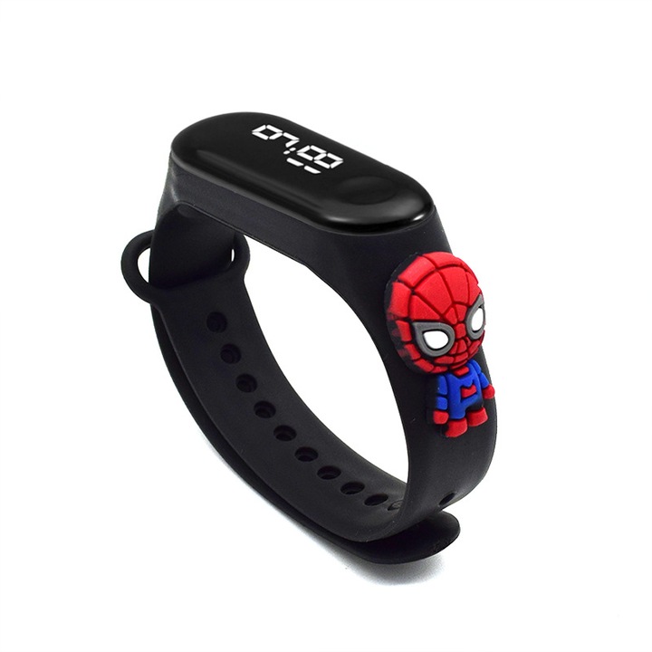 Детски дигитален часовник, водоустойчив, SpiderMan, OnePepito, дисплей за час, дата и секунди, регулируема силиконова каишка, черен