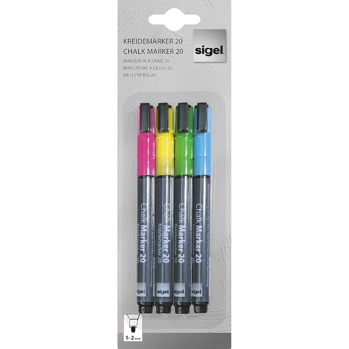 Комплект течни тебеширени маркери Sigel, коничен връх, 1-2 мм 4 различни цвята