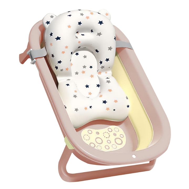 Cadita bebelusi pliabila cu pernuta UniqViBE®, 0-36 luni, dop scurgere, cu perna din material hipoalergenic, lavabil cu uscare rapida, prindere in 3 puncte, picioruse antiderapante, design Ergonomic, Roz/Galben