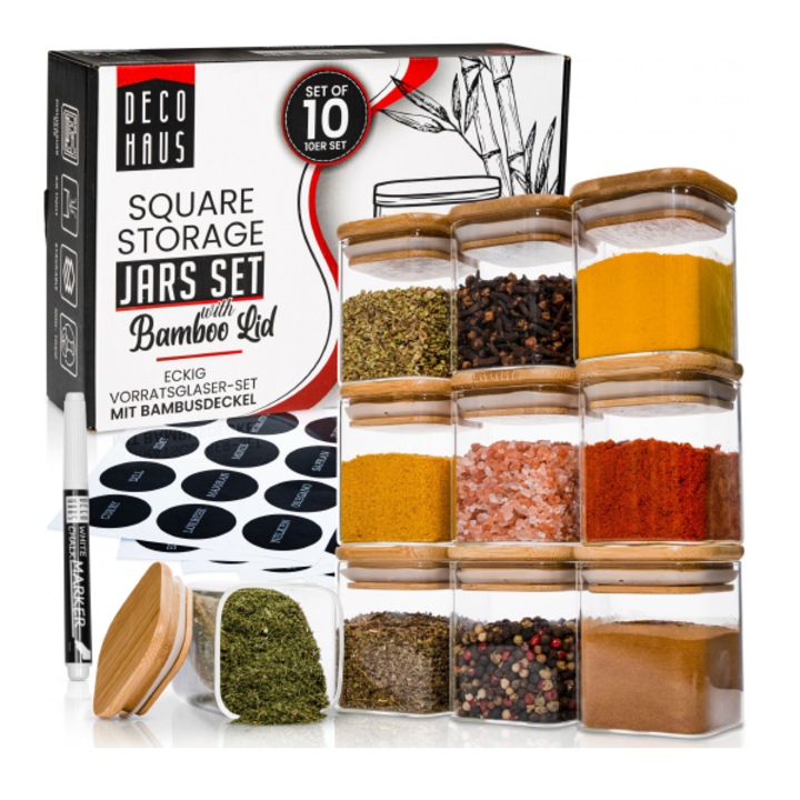 Set de 10 borcane cu capac etanse, lavabile in masina, utilizabile in cuptorul cu microunde, 7,6 cm inaltime, 6 cm diametru, Deco Haus