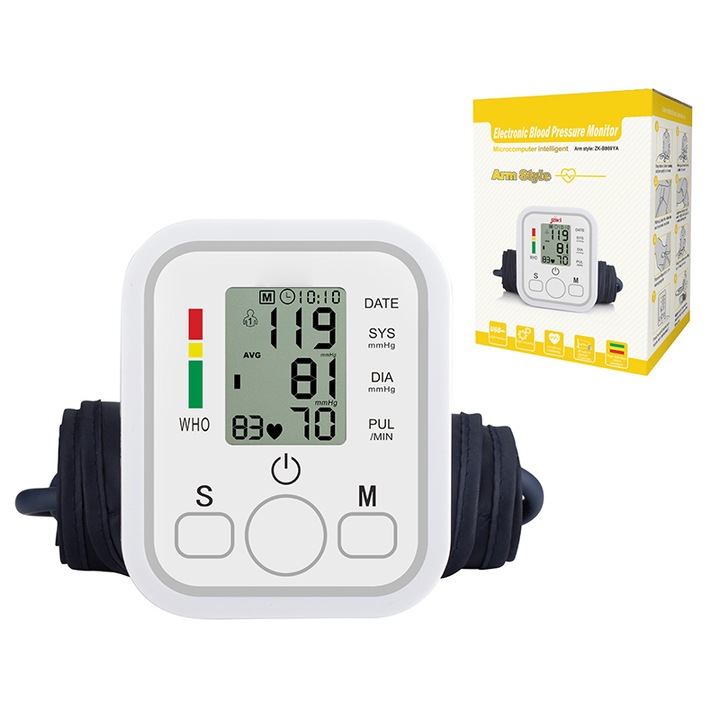 KINSI Karos vérnyomásmérő, LCD kijelző nagy karakterekkel, Automatikus mérés, Szabálytalan pulzusérzékelés, Klinikailag validált, Mandzsetta 22-32cm, Fehér
