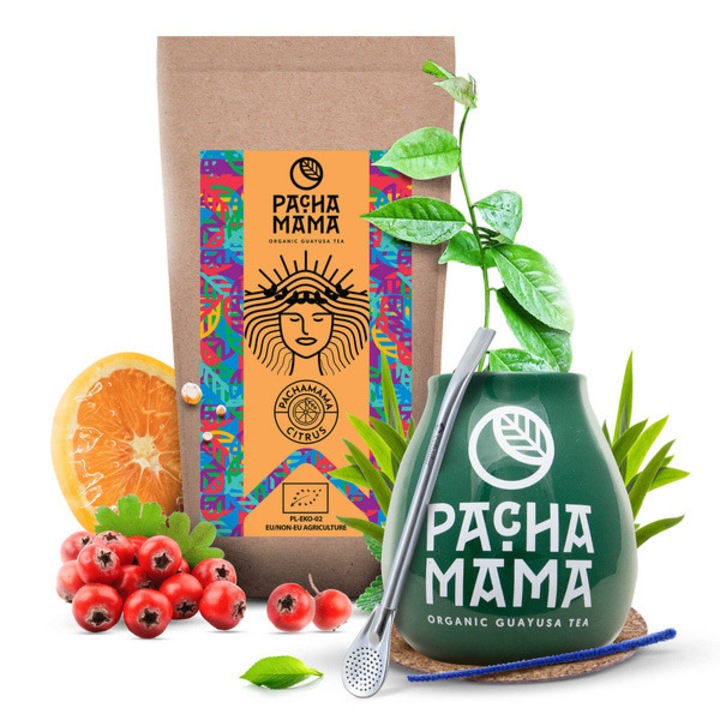 Guayusa Bio, Pachamama Citrus szett, Tea 100g, 350 ml-es bögrével és tartozékokkal, Bombilla