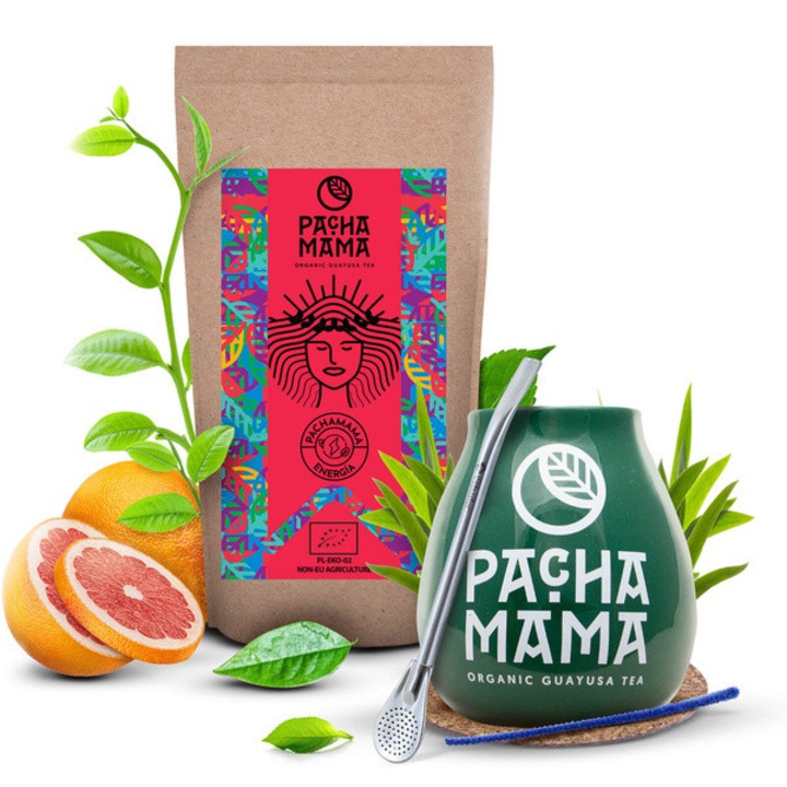 Guayusa Bio, Pachamama Guarana készlet, Tea, 100g, 350 ml-es bögrével és tartozékokkal, Bombilla