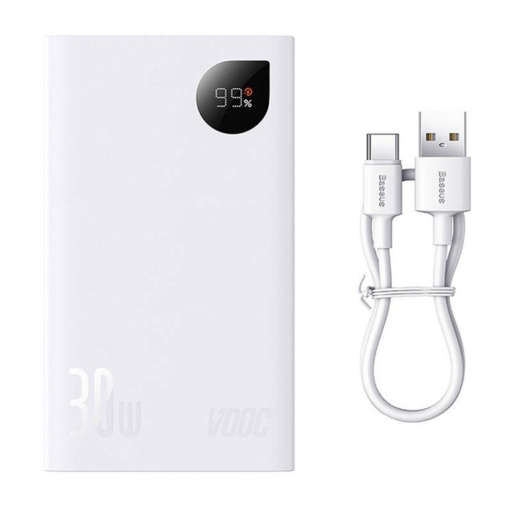 Baseus Adaman2 Külső akkumulátor, 20000mAh, 30W, 2xUSB, 1 x USB-C, QC, PD, VOOC, SCP, AFC, Digitális kijelző, USB-C kábel tartozék, Fehér