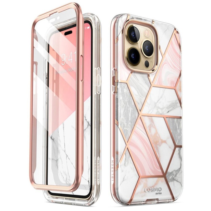 Husa de protectie compatibila cu Apple iPhone 14 Pro, Cosmo, protectie 360, cu folie inclusa, TPU, Marble, Roz