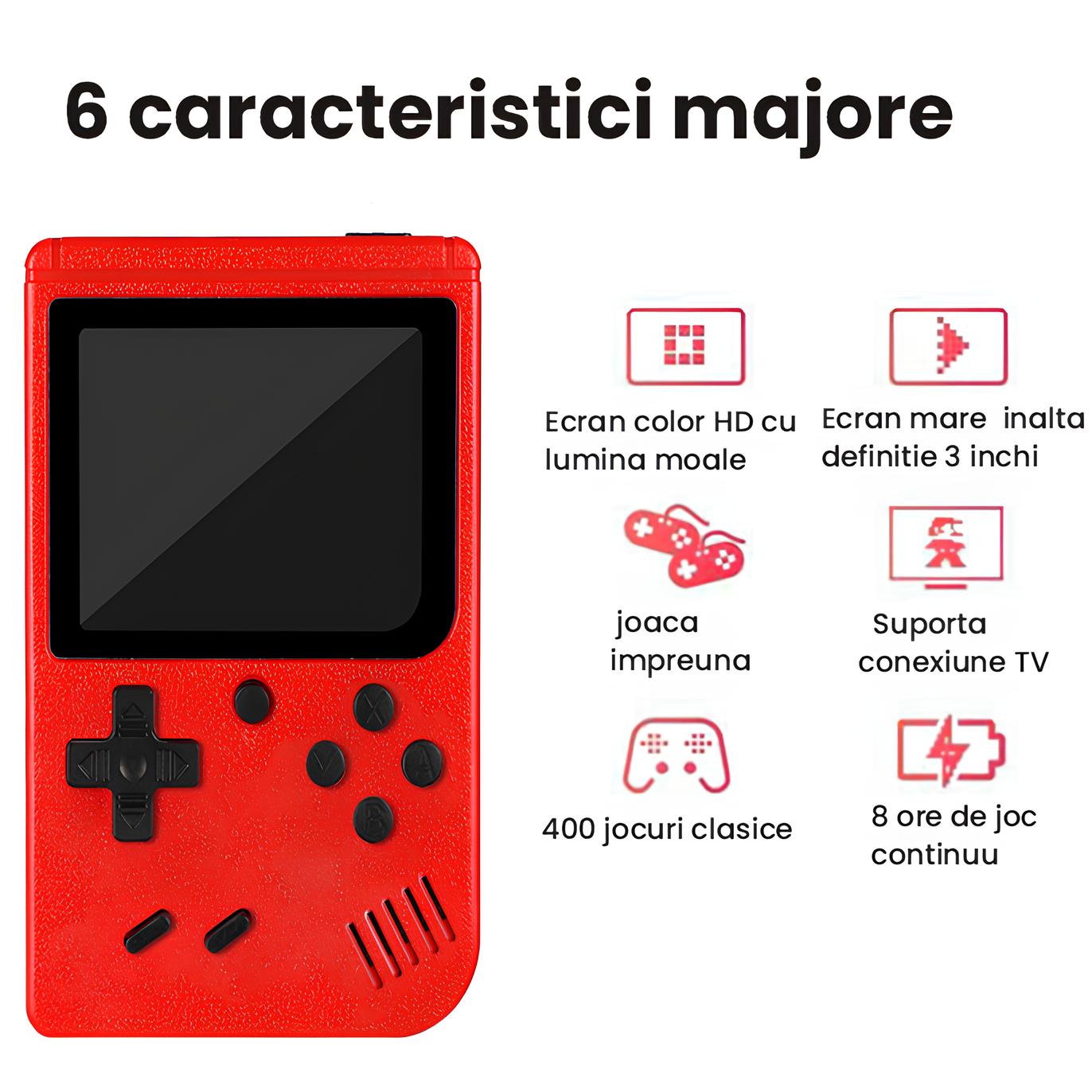 Consola de Jocuri Retro, 400 de jocuri, Suport pentru 2 jucatori si accepta conexiunea TV, retro, 1020 mAh, Sundiguer, Rosu