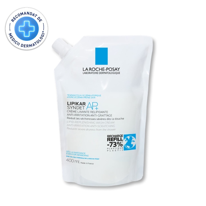 Gel de curatare calmant pentru piele sensibila sau uscata La Roche-Posay Lipikar Syndet, potrivit pentru bebelusi, copii, adulti, refill, 400 ml