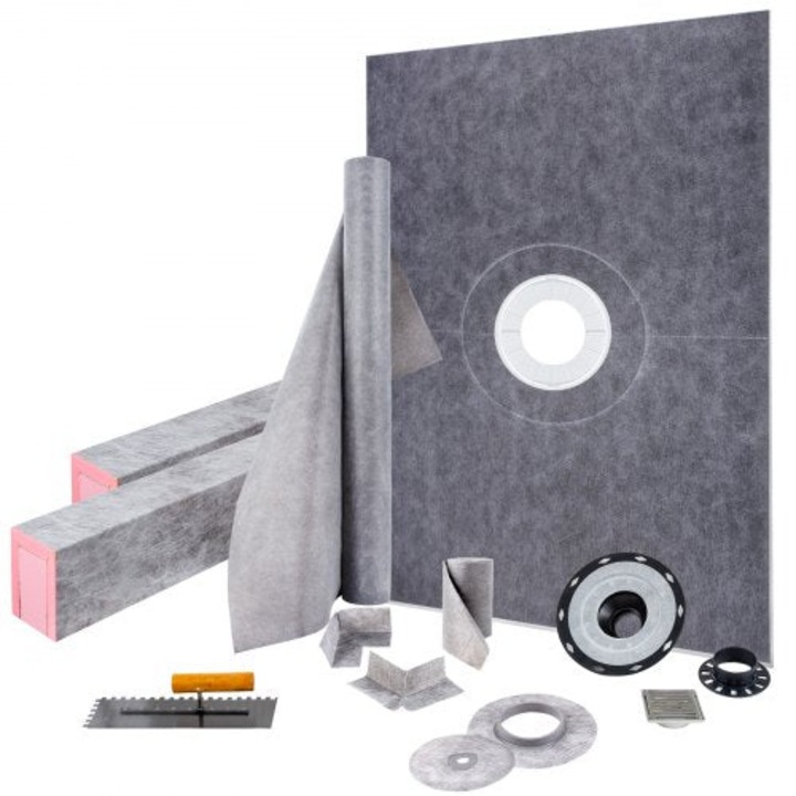 Kit bordura dus, suprapunere bordura dus ABS etansa la apa, dimensiune 96,52 cm x 152,4 cm, cu flansa centrala de legare ABS de 10,16 cm, grila din otel inoxidabil de 10,16 cm si tragaci, bordura dus taibila, potrivita pentru tava de dus in baie