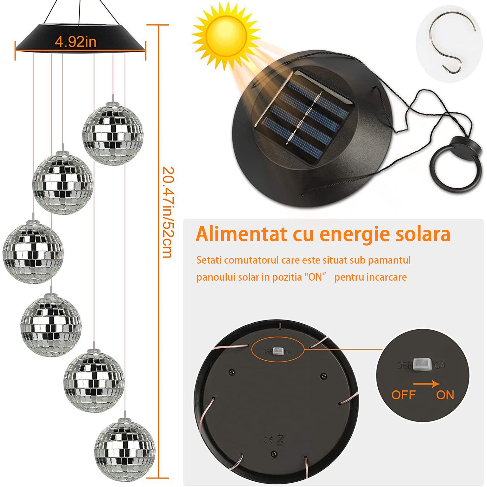 Aplica cu 6 globuri LED RGB, YWX, IP65, incarcare la panou solar, Gri ...