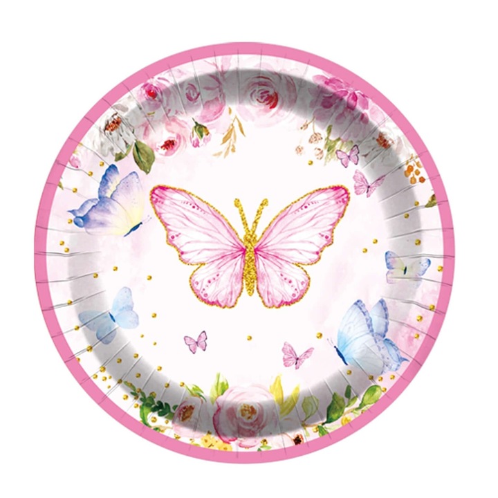 Комплект 8 парти чинии, малиново розово, пеперуди, 23 см