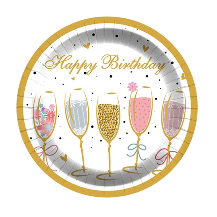 8db parti tányér szett, Rose gold, pohár mintás, Boldog születésnapot felirattal, 23 cm