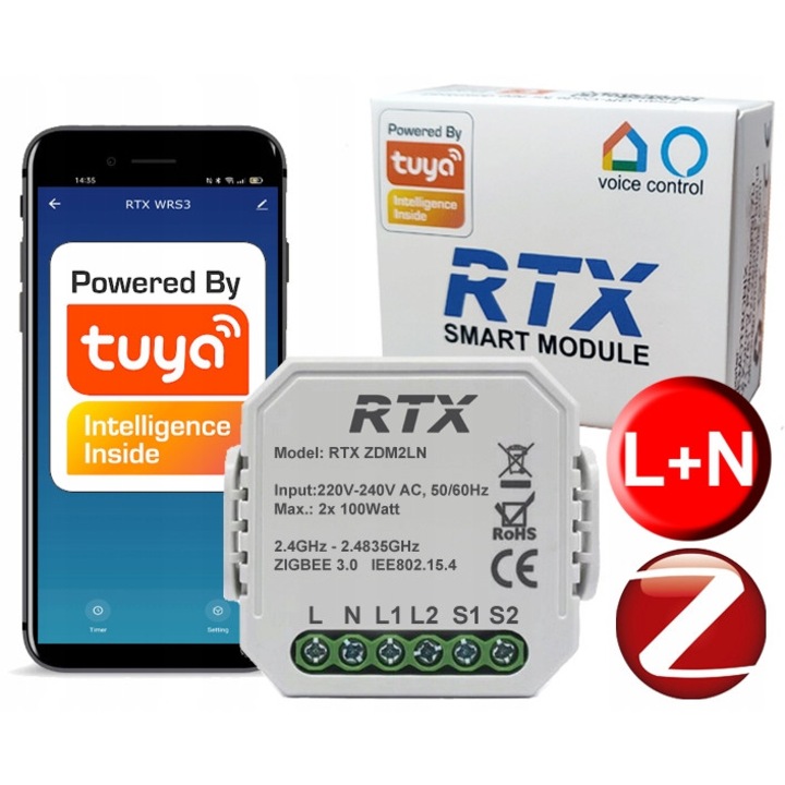 68125124 Димер 2 канала, За вграждане, ZigBee TUYA