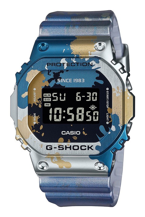 Casio, Унисекс цифров часовник G-Shock с пръскан дизайн, Син, Зелен