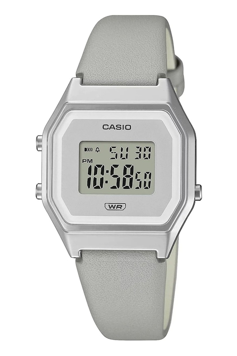 Casio, Дигитален часовник с кожена каишка, Светлосив