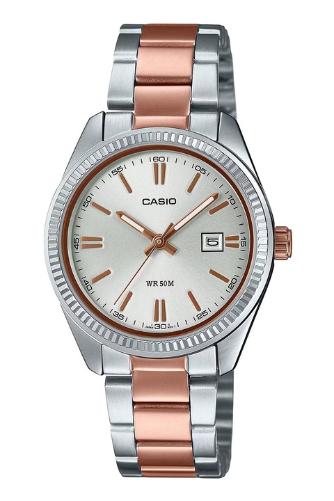 Casio, Ceas cu bratara din otel inoxidabil, Auriu rose, Argintiu