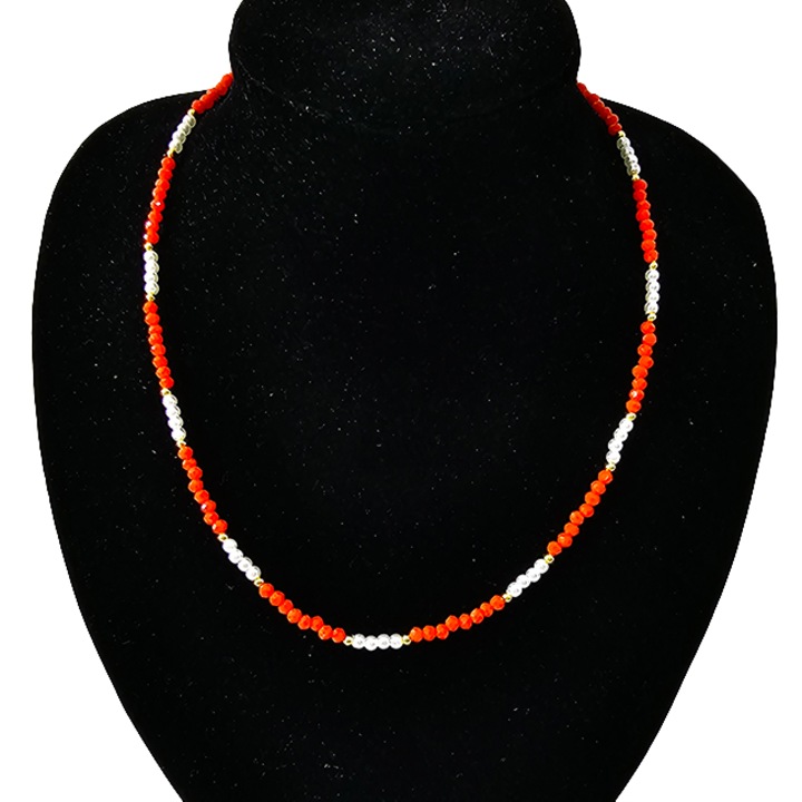 Colier choker Tennis, cu margele fatetate si lungime reglabila, Rosu, Velve, Lungime 39 cm