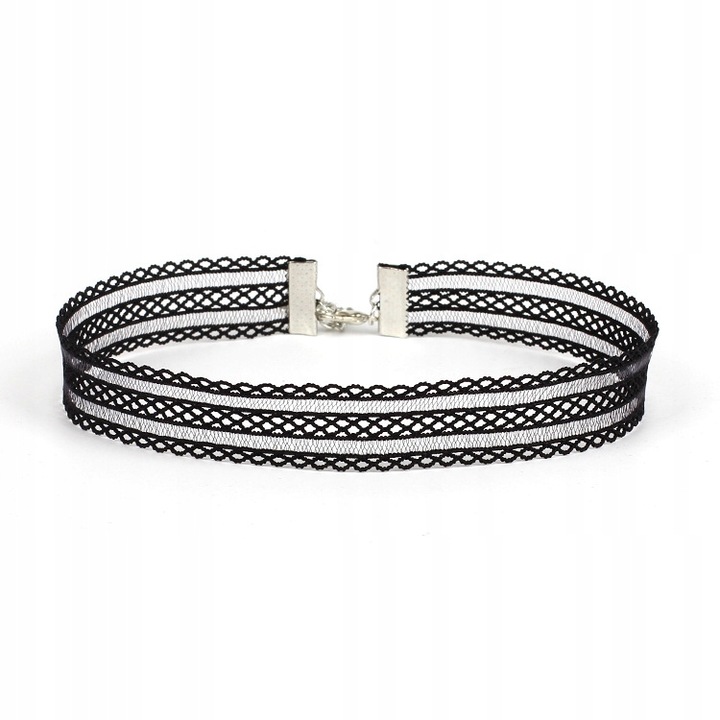 Colier CHOKER Gothic, Dantela/Broderie, Negru, Stofa + acril