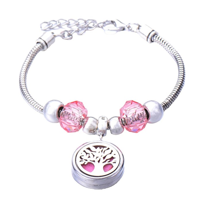 Bratara aromaterapie, Tip difuzor pentru uleiuri esentiale, Otel, Arborele vietii, Argintiu