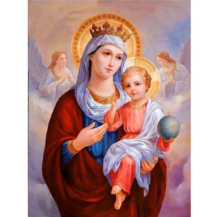 Set broderie cu diamante 5D, Fecioara Maria cu Pruncul, 12+, 40 x 60 cm, Multicolor