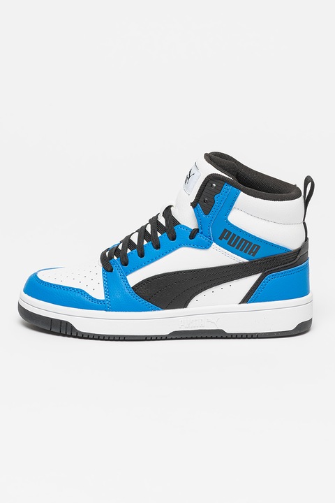 Puma, Pantofi sport Rebound V6 mid-cut din piele ecologica, Alb/Negru/Albastru royal