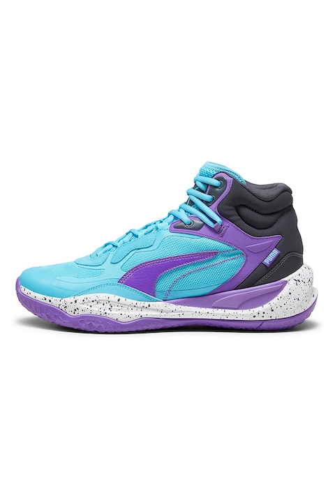 Puma, Pantofi cu garnituri de piele, pentru baschet Playmaker Pro, Alb/Violet/Albastru