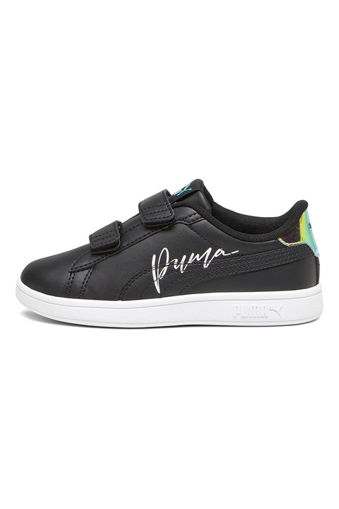 Puma, Pantofi sport de piele ecologica cu velcro si imprimeu logo Smash 3.0, Negru/Turcoaz, 34.5 EU