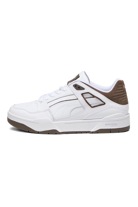 Puma, Pantofi sport low-top de piele si piele intoarsa Slipstream, Alb, Maro fango, 6