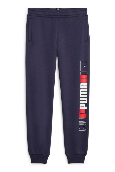 Puma, Спортен панталон с лого и джобове встрани, Червен/Бял/Ултрамарин синьо