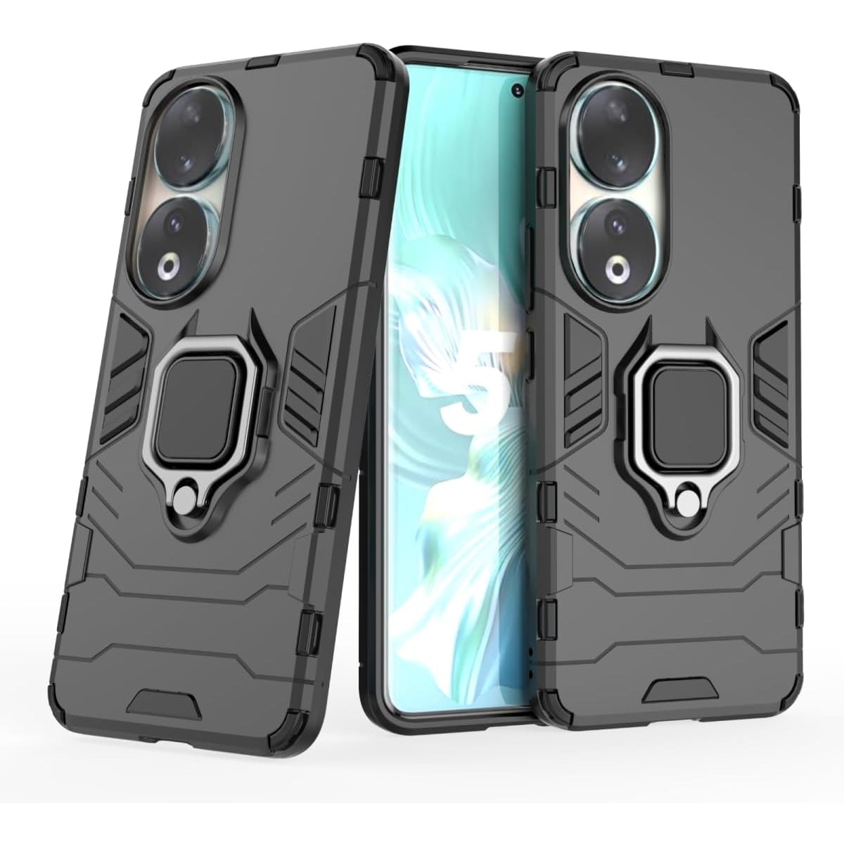 Husa pentru Honor 90 Ring Armor Kickstand Tough Rugged Cover, Aiyando, negru