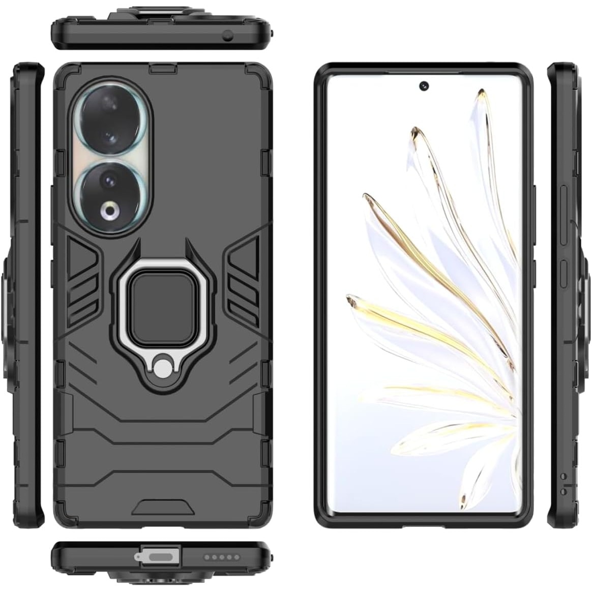 Husa pentru Honor 90 Ring Armor Kickstand Tough Rugged Cover, Aiyando, negru