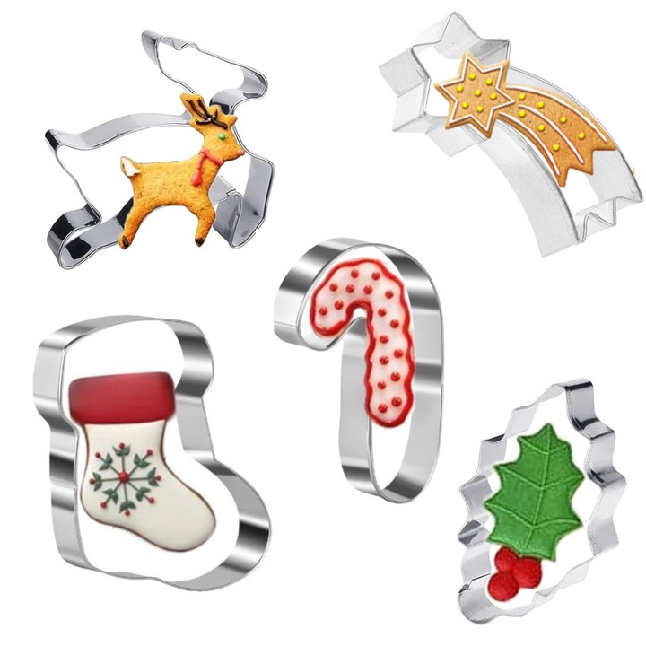 Forme Pentru Biscuiti, Model De Craciun, Set 5 Bucati, Openhome, Otel Inoxidabil, Stea, Ren, Baston, Cizma, Frunza, Durabile Si Precise, Perfecte Pentru Craciun, Activitate Creativa Cu Copiii, Ambalaj Decorativ