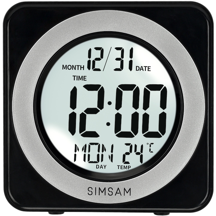 SIMSAM D100 digitális ébresztőóra hangvezérelt háttérvilágítással, hőmérővel, dátum és világóra kijelzéssel, visszaszámlálóval, fekete