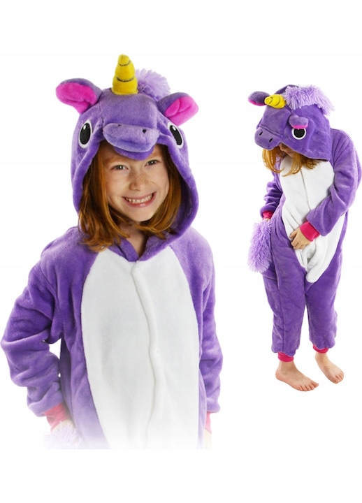 Kigurumi Pegazus overál pizsama gyerekeknek, Mikroszálas, Lila/Fehér, Fehér/Mályvaszín