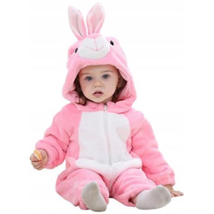 Kigurumi overál pizsama babáknak, Mikroszálas, Rózsaszín/Fehér, Fehér/Rózsaszín, 90 CM