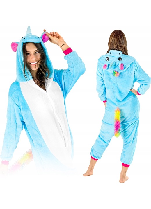 Pijamale onesie dama unicorn, Kigurumi, Microfibra, Albastru/Alb, S