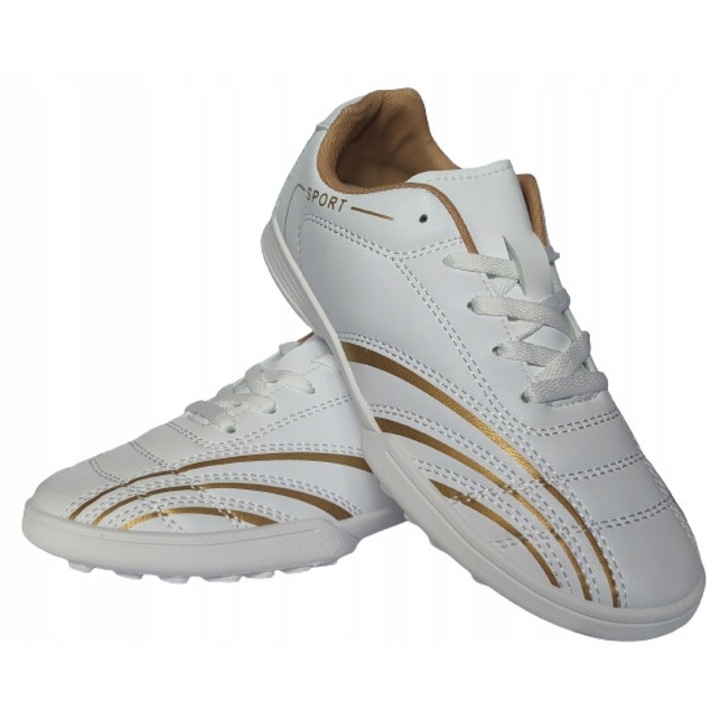 Pantofi fotbal de sala, SPORT, Piele ecologica, Alb/Auriu, Alb/Auriu