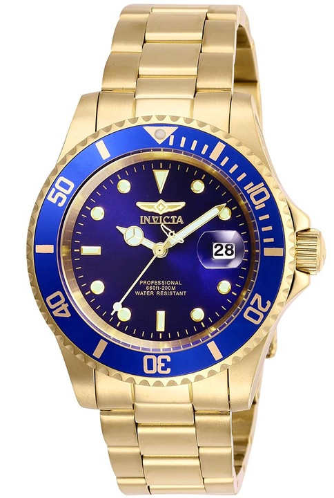 Ceas barbatesc, Invicta, Inox, Quartz, Rezistent la apa, Bleumarin/Auriu
