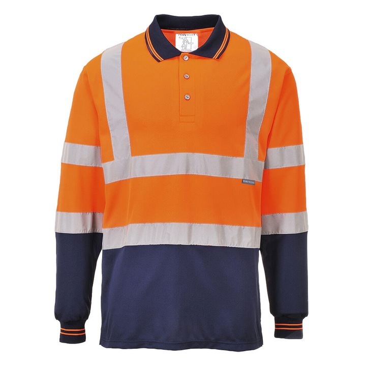 Bluza Hi-Vis subtire cu guler polo, material respirabil - Portwest S279 - portocaliu/bleumarin, 4XL